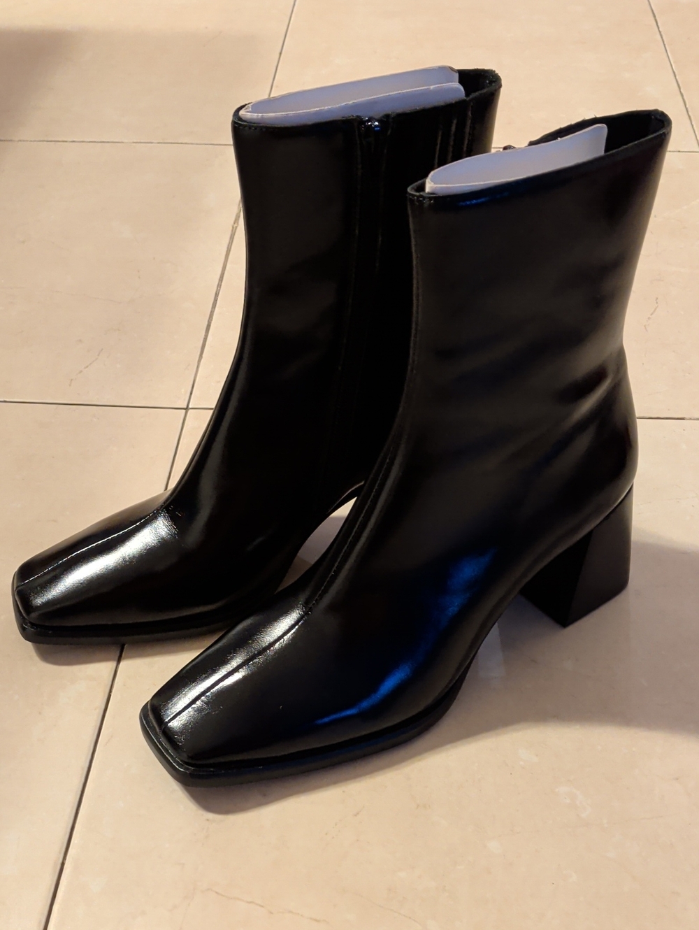 Jeffrey Campbell Sherpal-2 Black Patent Square-Toe Block Heel Ankle Boots